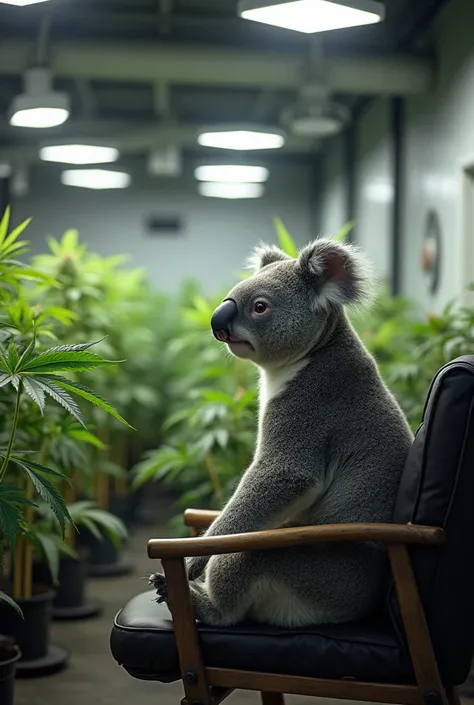 Realistic photo of a koala sitting on a chair looking at a marijuana plantation inside a grower with ventilation and LED lights