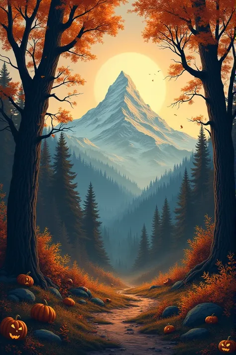 Cosy autumn drawing of a forest, with a mountain in the background. No buildings, no humans, spooky, Halloween, lo-fi vibes, warm colours 