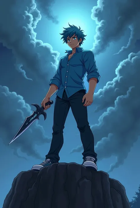 Anime isekai, An 18yo man, curly cyan blue hair, deep blue eyes, blue button up shirt, black jeans, tough lean muscle tall man, holding a magical poison dagger, on top of dark cliff, stormy clouds, looking strong and confident exited for challenges ahead 