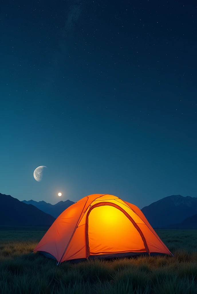 camping tent, in bright orange color, located on a beautiful lawn, in a field without any mountains, with no one around, on a clear night, in the starry sky, with the big full moon on the left, 8k, size 50x70