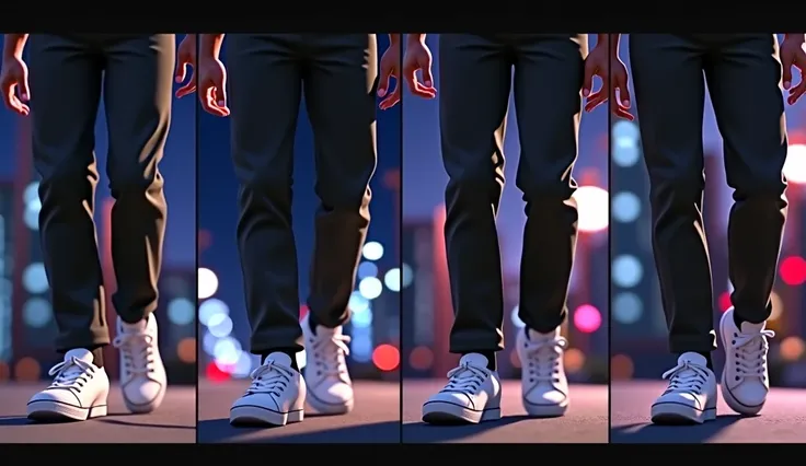 Pixar Disney drawing showing only the legs and feet of a man. He is wearing black pants and white sneakers.. He is walking and is duplicated in four scenes where he is facing forward.. it&#39;s night. You can see the city lights behind.