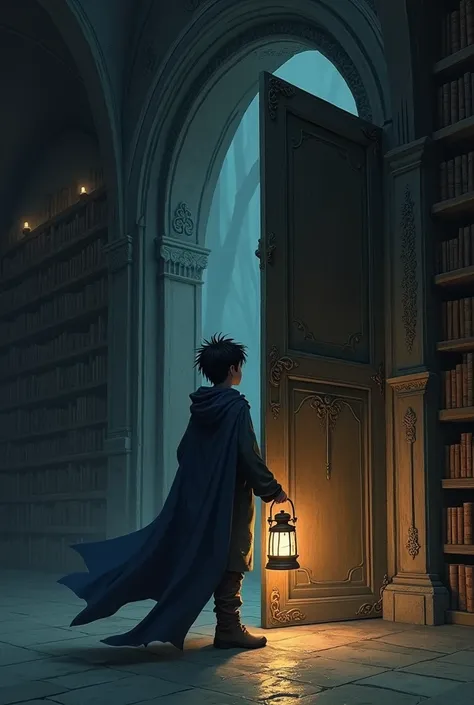 A young man with his back turned in a dark library, holding a flashlight, discovers a very large and mysterious door. He is cautiously opening the door in fear. The image is described as a stunning painting. The boy has disheveled dark hair and we cant see...