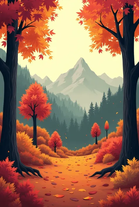 Cosy autumn drawing of a forest, with a mountains in the background. No buildings, no humans, orange leaves, lo-fi vibes, warm colours. Painting, black lineart