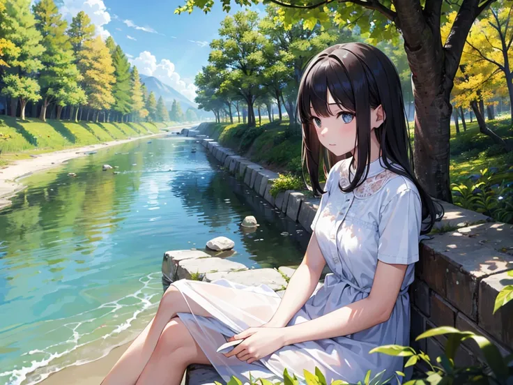 masterpiece: 1.5, Realistic human images, Realistic: 1.2, super high quality, Very detailed, Perfect drawing, And soul, Charming, and a girl, Sitting, Near the river, Under the tree, Looking out at the beautiful natural surroundings、 Detailed facial featur...