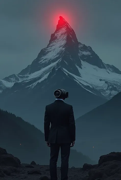 A man in a black suit with a camera head in front of a large mountain that has a strong red light at night at its top. 