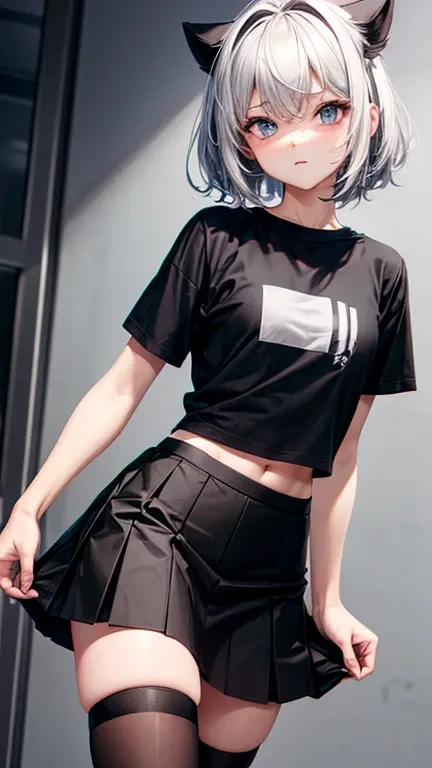 1femboy, black skirt, thight gray tshirt