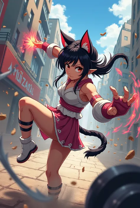 Cute cat eared fighter girl kicking enemy