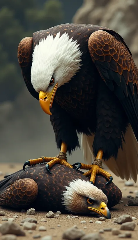 A bald Eagle is holding the dead Falcon  islaying on the ground and eagle is on the top in his paws on the ground 