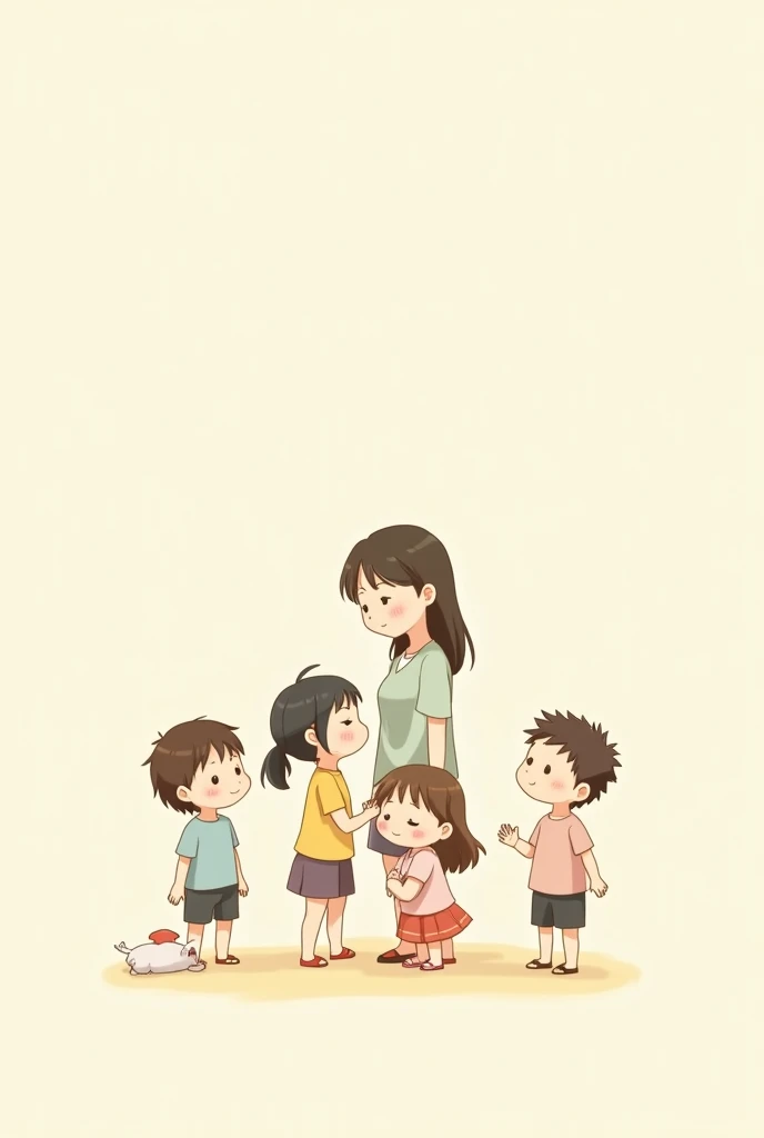 4 children、 woman、 boy、 girl、 boy、simple、Anime Style