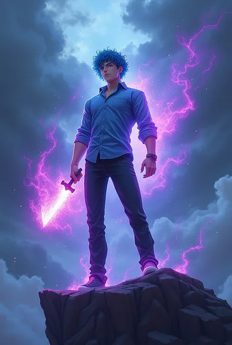 Anime isekai, An 18yo man, curly cyan blue hair, deep blue eyes, blue button up shirt, black jeans, tough lean muscle tall man, holding a magical poison dagger, on top of dark cliff, stormy clouds, looking strong and confident exited for challenges ahead, ...