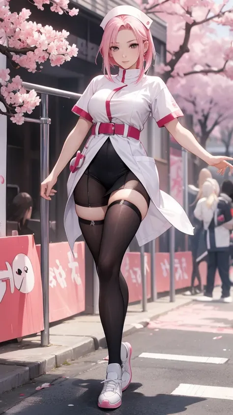 sakura haruno, sexy nurse outfit, black tights, white shoes, sexy pose, full-length