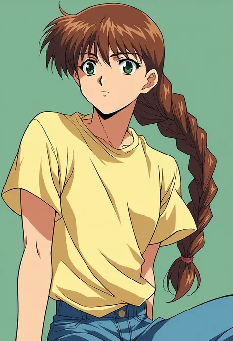 1girl, solo, miyanoshitasatsuki,  blue jeans, brown hair long hair, braid, green eyes, yellow squaerd necked t shirt,