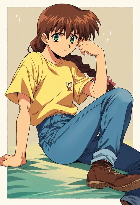 1girl, solo, miyanoshitasatsuki,  blue jeans, brown hair long hair, braid, green eyes, yellow squaerd necked t shirt,