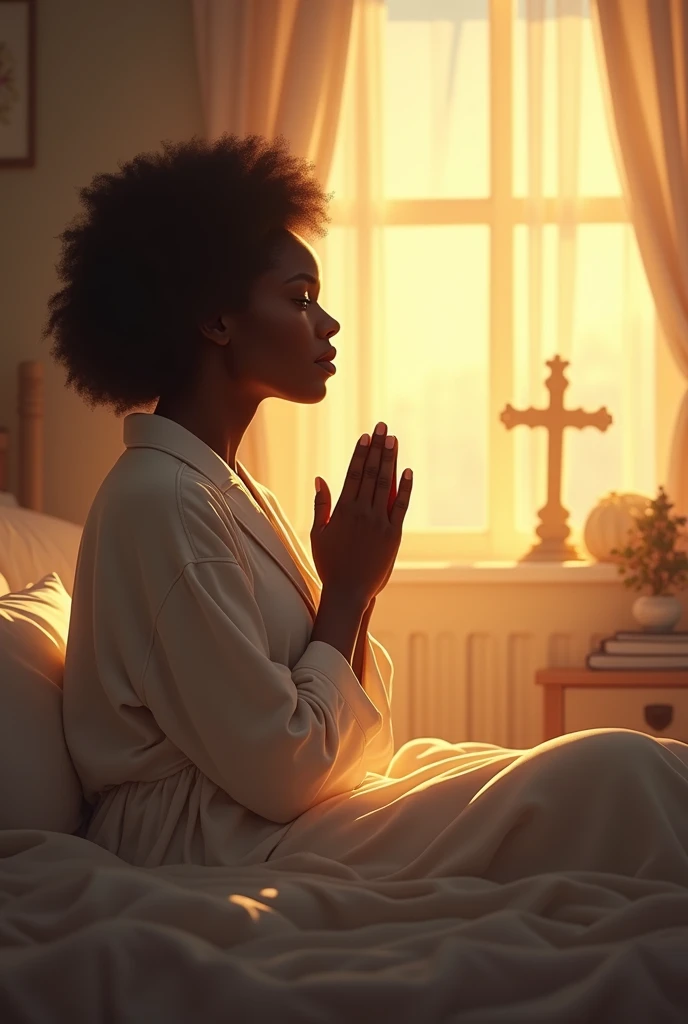 Image of a black mother praying by her bed in the morning
