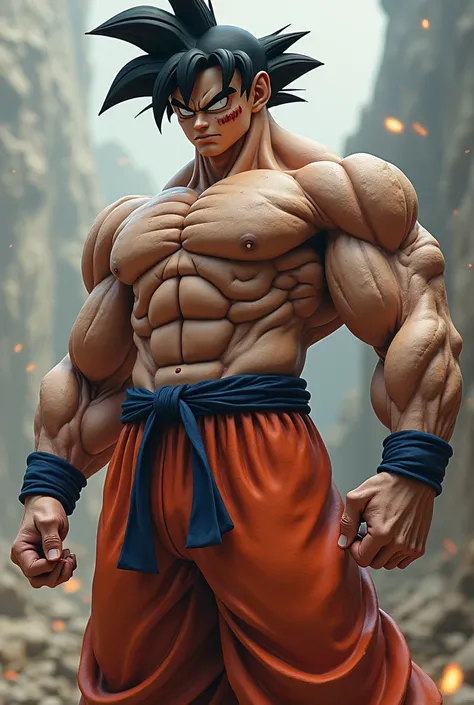 Son Goku has broad muscles and a shirtless body.
He has large scars on his face 