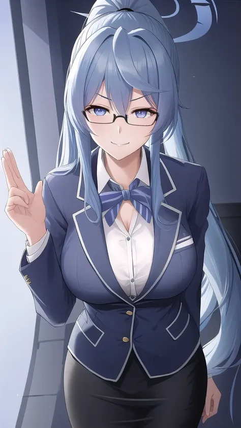 erotic、blue archive　tename ako、light blue hair, long ponytail, voluminous、glasses、big breasts, alone,teacher、 navy blue blazer、b...