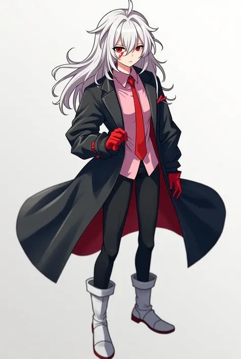 Create a 2D anime style character. He has messy white hair but not so big. He has red eyes. He has a scar on his eye. He wears a lab coat. Most of it is black, the smallest part is red. He wears red gloves. Isa wears a pink shirt under the lab coat with a ...