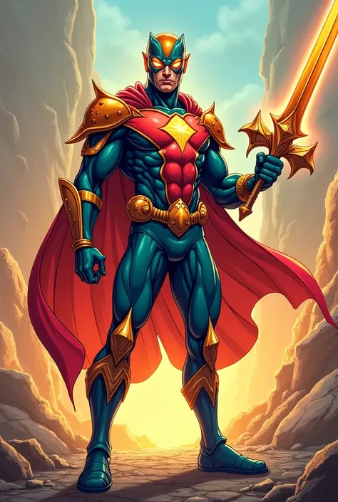 heroic powerful alien superhero with red and blue and gold suit with futuristic sword with powers ((comic book style))