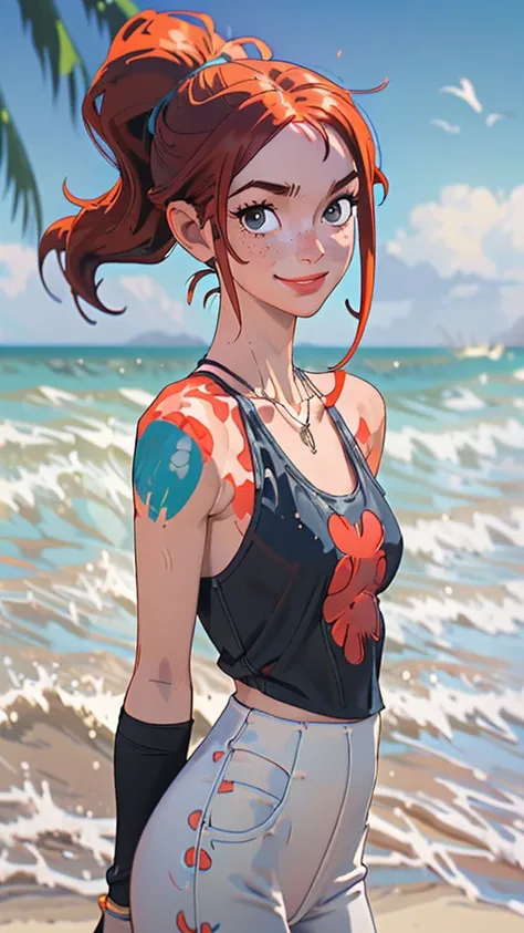 (masterpiece, best quality), nami (one piece), white tank top, collarbone, wavy black hair, looking at viewer, blurry foreground, upper body, necklace, contemporary, plain pants, ((intricate, print, pattern)), ponytail, freckles, red hair, dappled sunlight...