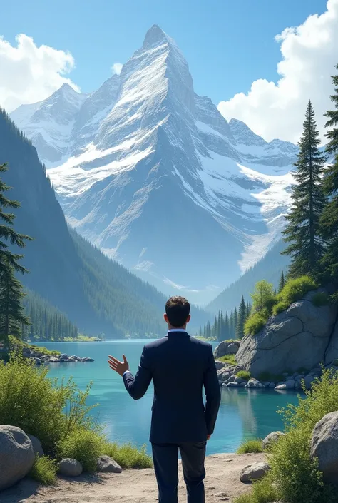 A beautiful mountain like this one with a man in a suit saying welcome 