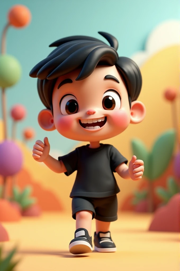 create a kid cartoon character in 3d wearing black