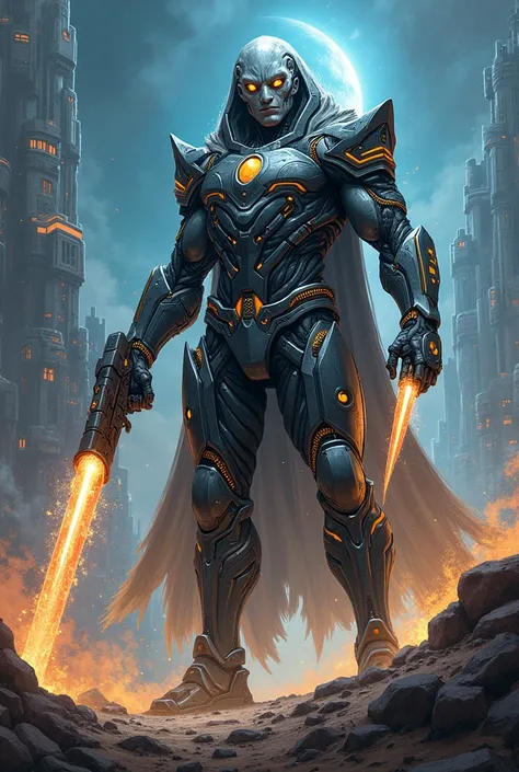 heroic powerful alien warlord with futuristic suit with futuristic weapons with powers ((comic book style))