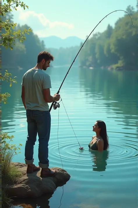 A handsome man is fishing in a blue lake wearing a t-shirt and jeans. There is a beautiful woman in the lake soaking in a t-shirt. 