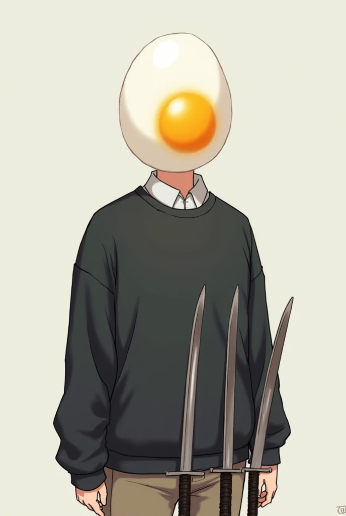 Anime man. With a egg as a head with 3 swords on his waste egg is a egg  yoke and no eyes with a black sweatshirt on and a white shirt