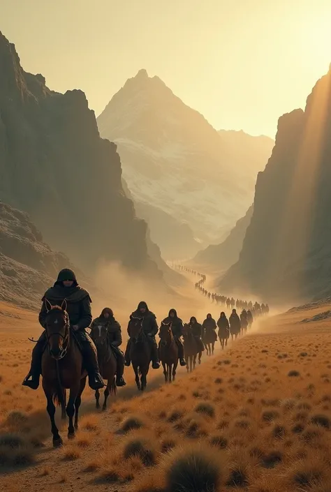 in the distance we see the sun raining down on an open field on a mountain plain we see warriors on horses from afar who are returning from a war and climbing this mountain in war caravans, it seems that they are with the spoils of war, are very injured on...