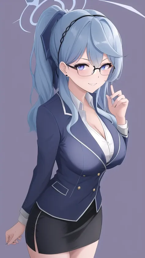 erotic、blue archive　tename ako、light blue hair, long ponytail, voluminous、glasses、big breasts, alone,teacher、 an open navy blue ...