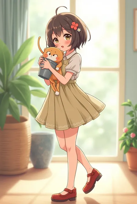 anime girl holding a bucket short hair holding a cat on the other hand cute pose