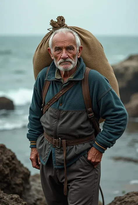 Ab old fisherman using using a sack to tie it around his neck so that it hangs down over his back