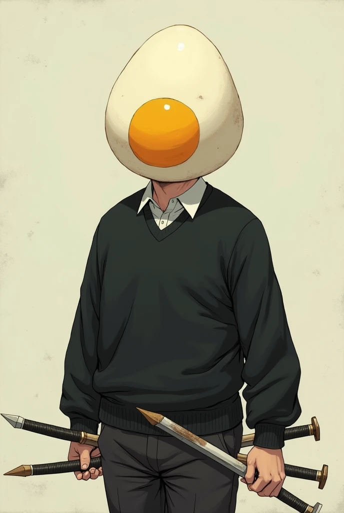 Anime man. With a egg as a head with 3 swords on his waste egg is a egg  yoke and no eyes with a black sweater on and a white shirt