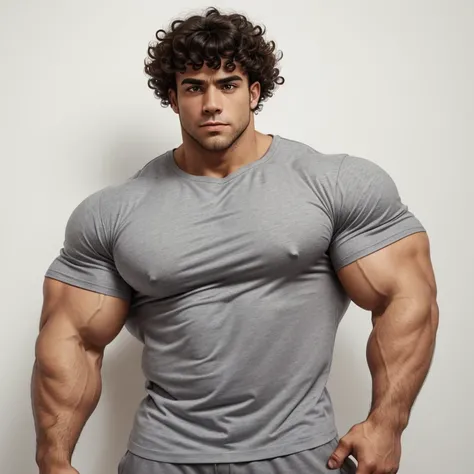 a very handsome man, serious, curly hair, big eyes, gray shirt, bodybuilder, muscular, on a white background