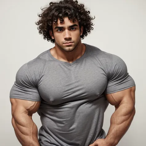 a very handsome man, serious, curly hair, big eyes, gray shirt, bodybuilder, muscular, on a white background