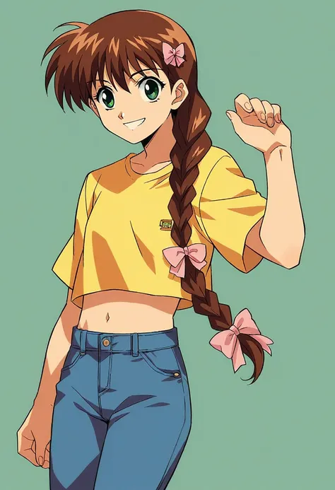 1girl, solo, miyanoshitasatsuki, blue jeans, brown hair long hair, braid, green eyes, hair bow
single braid, yellow squaerd neck...