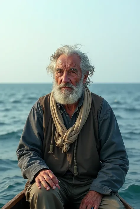 Ab old fisherman using using a sack to tie it around his neck so that it hangs down over his back in the middle of the sea on a skiff while fishing