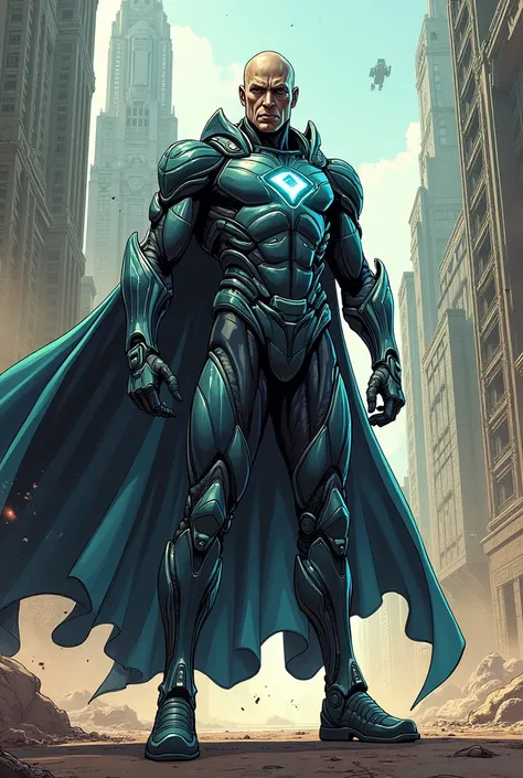 heroic powerful alien warlord superhero with futuristic suit with futuristic weapons with powers with a cape ((comic book style))