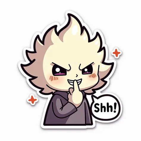 Design a sticker of Albedo with a mischievous grin, holding a finger to his lips as if sharing a secret, on a white background. Include the text "Shh!" beside him.

Description: Albedo looks playful, with a mischievous facial expression and a secretive han...