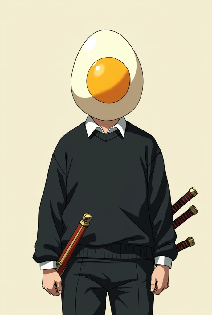 Anime man. With a egg as a head with 3 anime swords on his waste egg is a egg  yoke and no eyes with a black sweater on and a white shirt