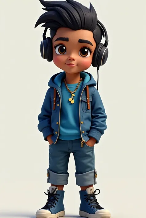 photo of a brown boy, average, black quiff hair, casual clothes in various shades of blue and dark blue boots with white, with gold music note necklace, strap leather, not very muscular body, brown eyes, bad boy personality, usando headphone, likes music, ...