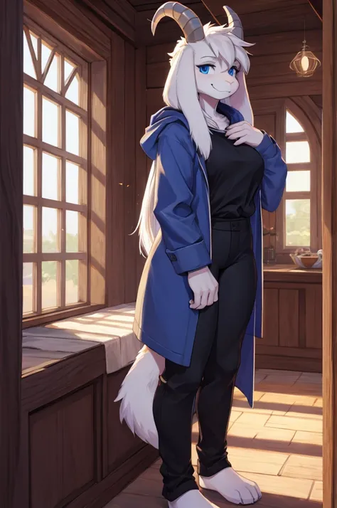 woman, young adult, alone, in a house, furry, goat, anthropomorphic goat, Asriel, Undertale ((Asriel Dreemurr)), large medium breasts, big ass, wide hips, perfect female body, tall, ((long, long hair white hair, straight hair )), blue eyes, anthropomorphic...