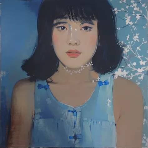 painting of a woman with a blue dress and a red bow, inspired by Zhang Xiaogang, inspired by Alex Katz, by Zhang Xiaogang, inspired by Miwa Komatsu, inspired by Luc Tuymans, with a blue background, inspired by Itō Shinsui, inspired by Cindy Sherman, portra...