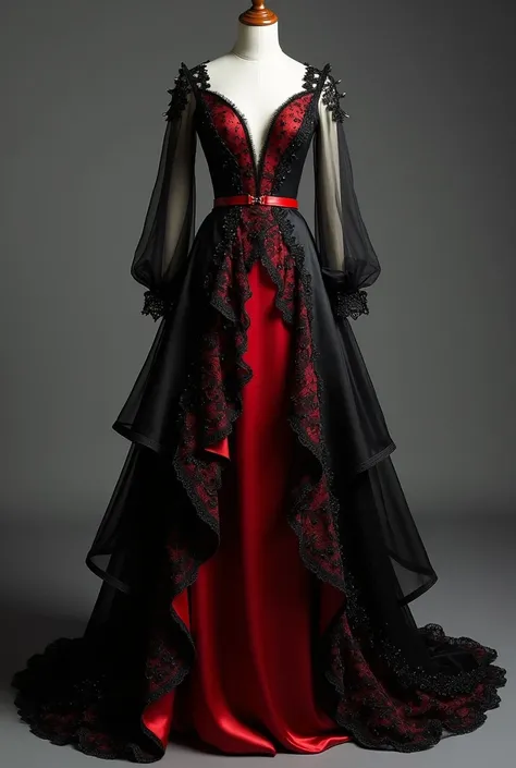 Create a dress like this,The dress was a stunning piece, made of a satin black fabric that subtly reflected light. The top featured a structured bodice, adjusted to the body, with a deep V-neckline, framed by delicate red lace that imitated spider webs. 

...