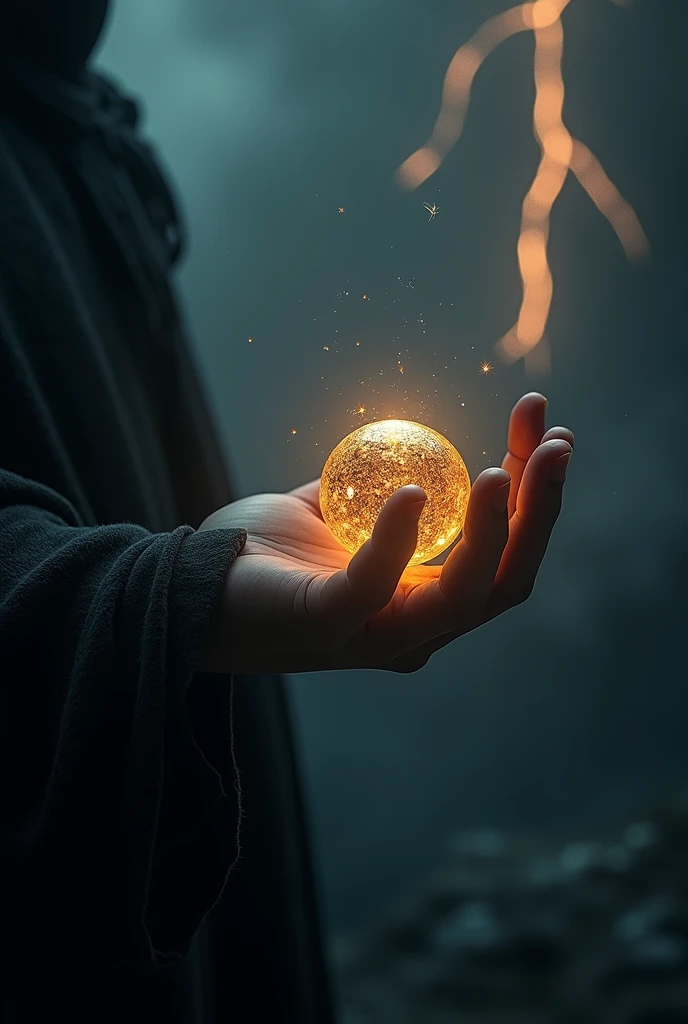 In the image we see a dark background with darkness and lightning and we see in this hand with the sleeve of a black cape of a person holding a round object that looks like stellar orbits, This object is metallic and golden and looks like a pendulum and tr...