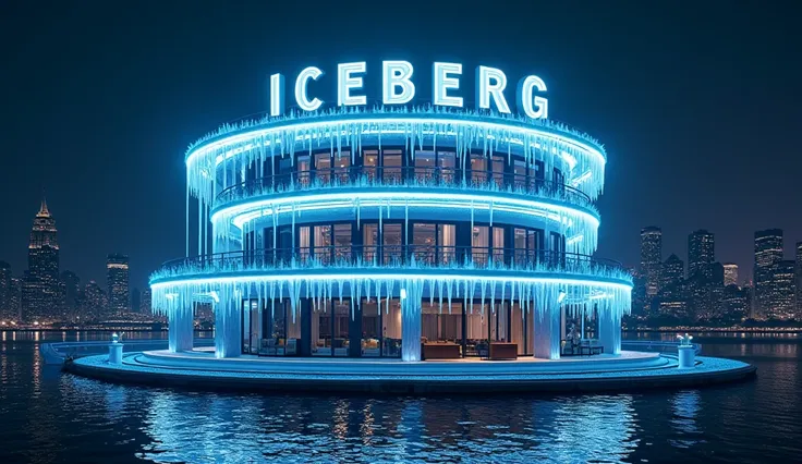 Iceberg Lounge, circular three story night club, exterior, white and blue neon lights, neon sign that says ICEBERG LOUNGE, Gotham city in background, night time, waterfront club, club sits on Gotham Harbor front, art deco style, art deco design, icicles de...