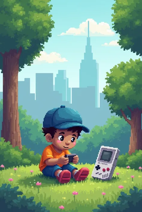  pixel art style, light brown skinned mixed baby boy with blue hat sitting on park grass with city in background , gameboy pixel art 