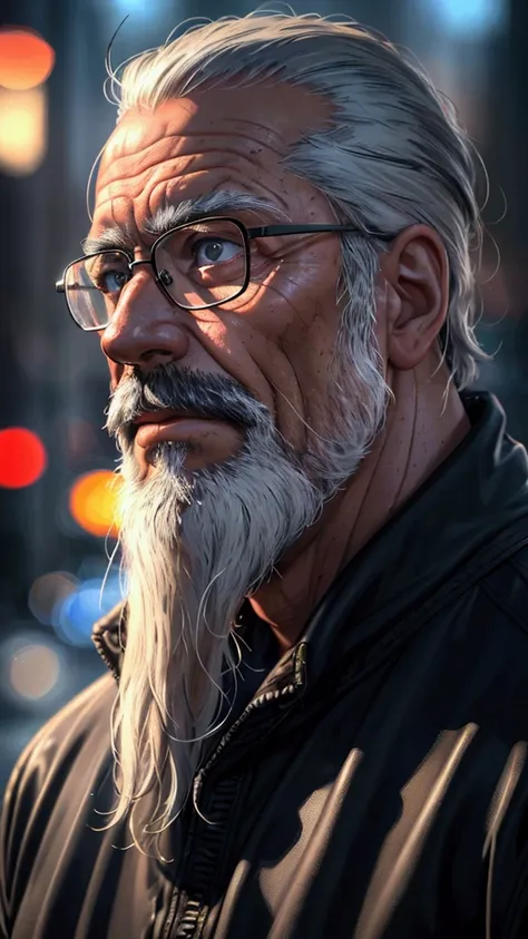 a man with a grizzled beard and tanned complexion, aged 50-60 years old, with a rugged and weathered appearance, holding a crank, a 3 white male detective with graying hair and a tired expression from years of pursuing criminals, wearing glasses, a citysca...