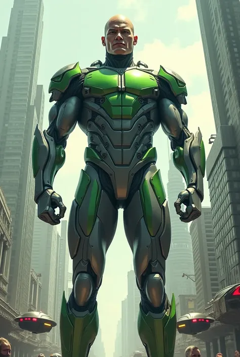 giant superhero with futuristic grey and green suit in a big city ((comic book style))