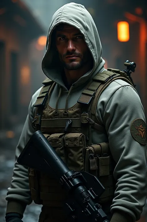 Military man wearing a sweatshirt and hood, athletic body 